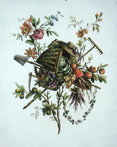 Een tuin textielontwerp, uit Oeuvre contenant un Receuil de Trophees, Attributs, Cartouches, Vases, Fleurs, Ornemens, et Plusieurs Dessins agreeables pour broder les Fauteuils, gegraveerd door Etienne Claude Voysard door Pierre Ranson